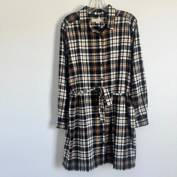Loft Plaid Long Sleeve Button Down Tie Waist Flannel Shirtdress Women's Size L - Picture 1 of 8